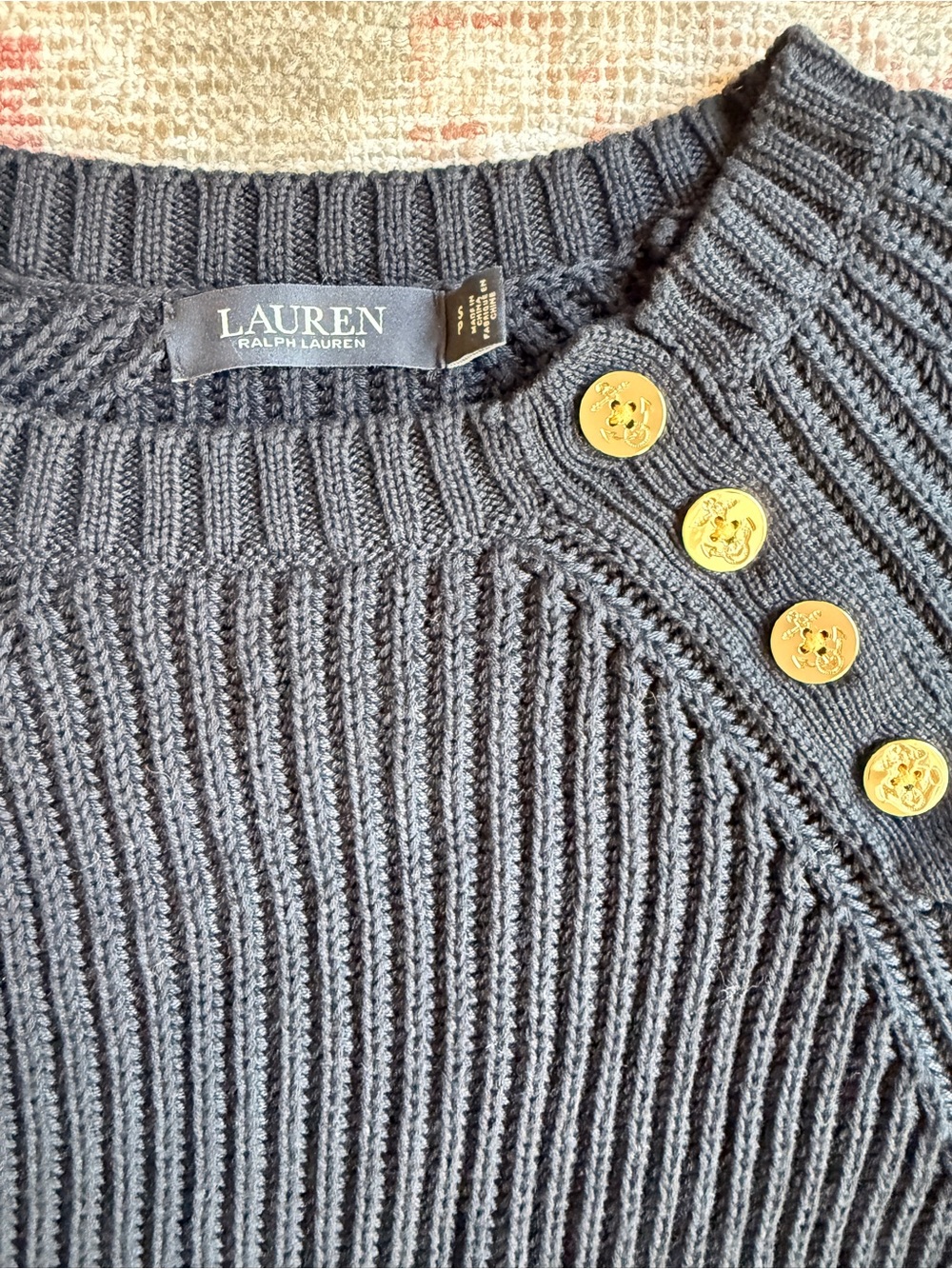 Lauren Ralph Lauren Charcoal Gray Ribbed Crewneck Sweater with Button Accent - Picture 2 of 2